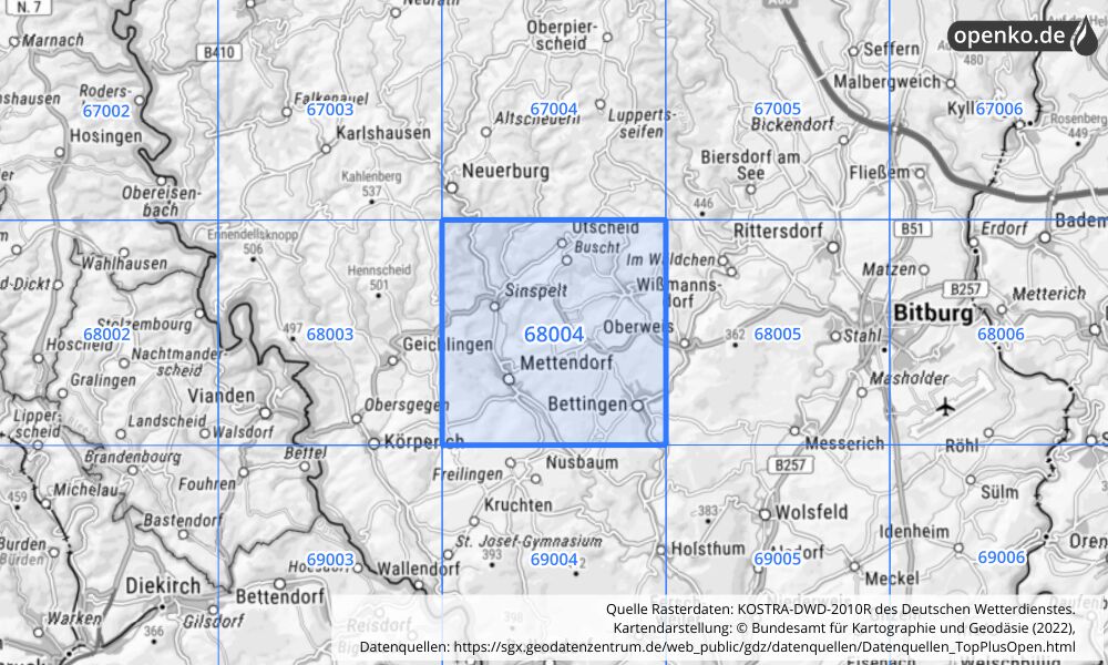 Übersichtskarte KOSTRA-DWD-2010R Rasterfeld Nr. 68004 mit angrenzenden Feldern