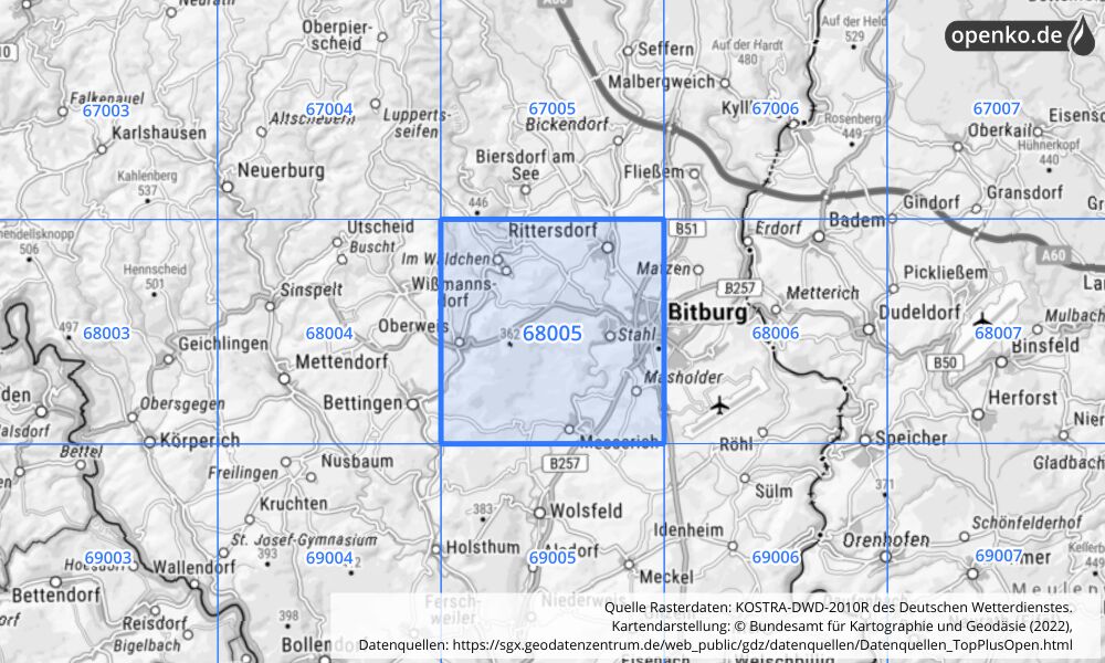 Übersichtskarte KOSTRA-DWD-2010R Rasterfeld Nr. 68005 mit angrenzenden Feldern