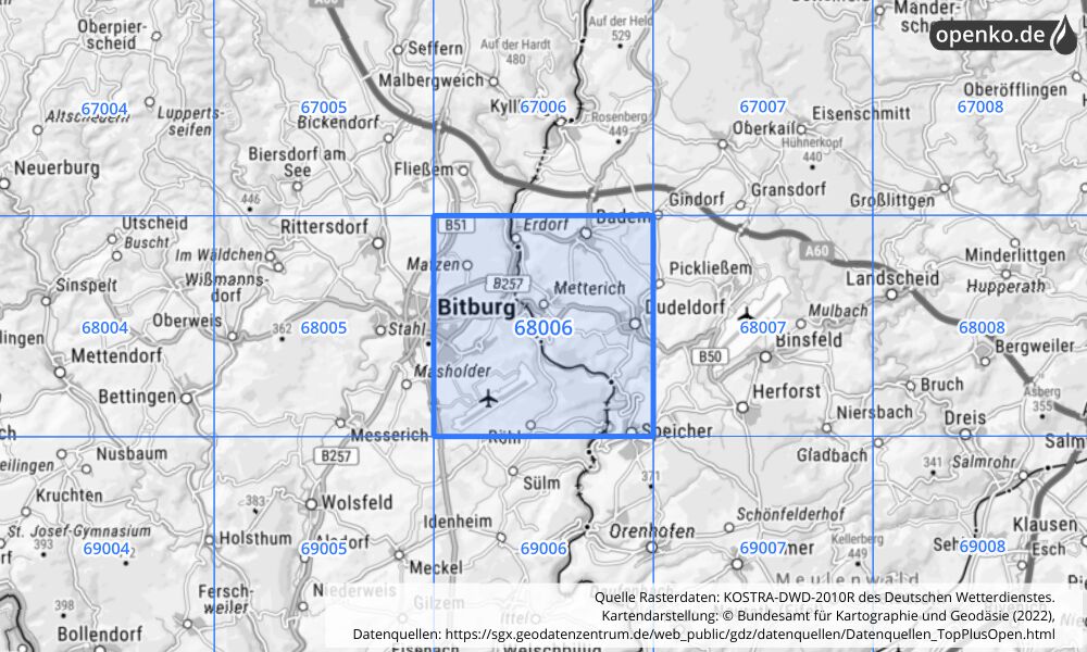 Übersichtskarte KOSTRA-DWD-2010R Rasterfeld Nr. 68006 mit angrenzenden Feldern