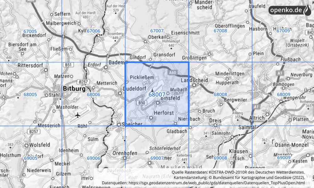 Übersichtskarte KOSTRA-DWD-2010R Rasterfeld Nr. 68007 mit angrenzenden Feldern