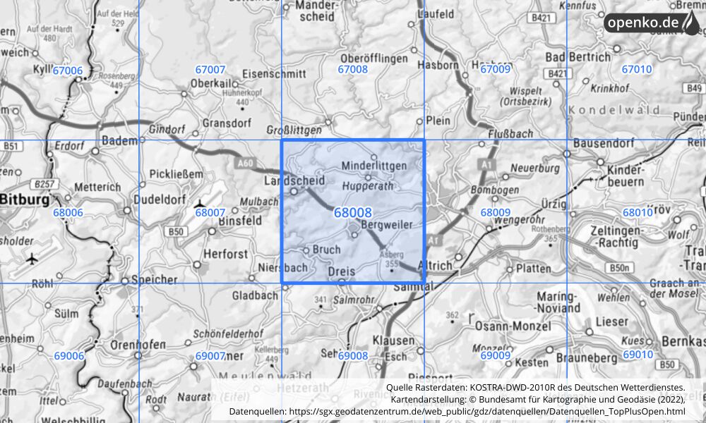 Übersichtskarte KOSTRA-DWD-2010R Rasterfeld Nr. 68008 mit angrenzenden Feldern