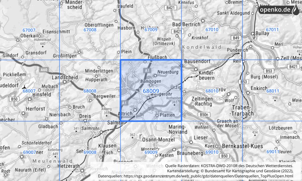 Übersichtskarte KOSTRA-DWD-2010R Rasterfeld Nr. 68009 mit angrenzenden Feldern