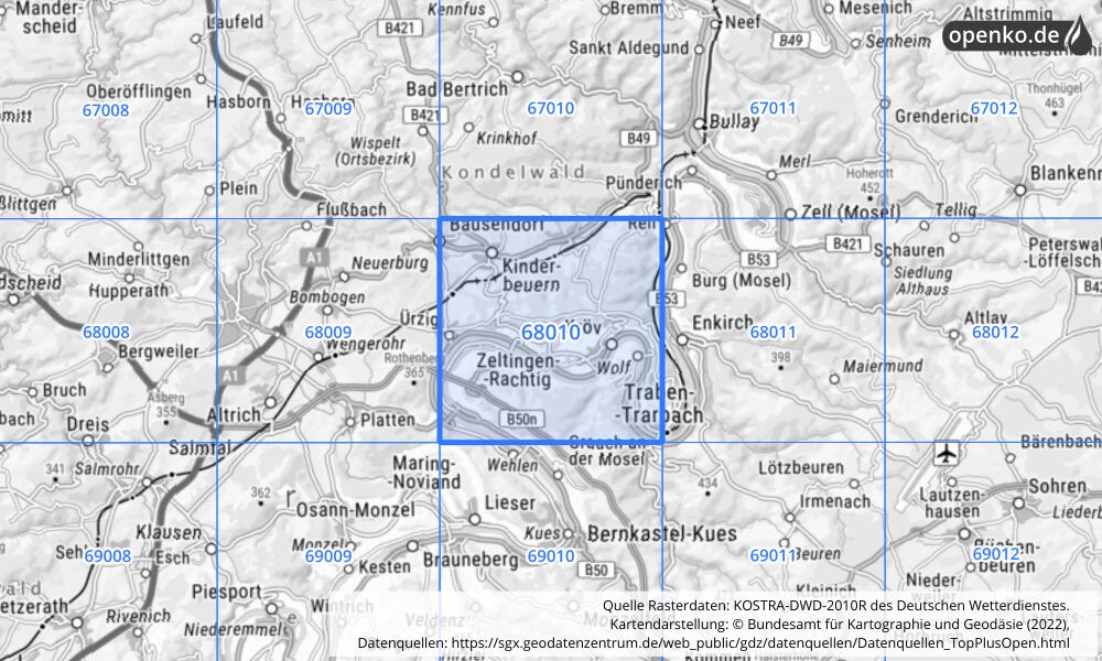 Übersichtskarte KOSTRA-DWD-2010R Rasterfeld Nr. 68010 mit angrenzenden Feldern