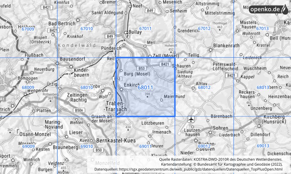 Übersichtskarte KOSTRA-DWD-2010R Rasterfeld Nr. 68011 mit angrenzenden Feldern