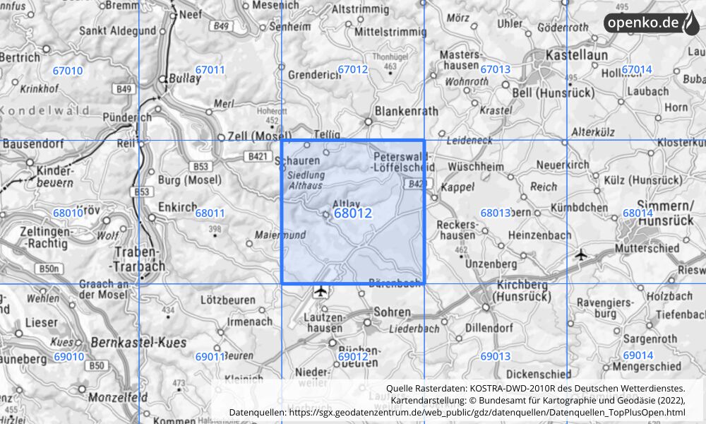 Übersichtskarte KOSTRA-DWD-2010R Rasterfeld Nr. 68012 mit angrenzenden Feldern