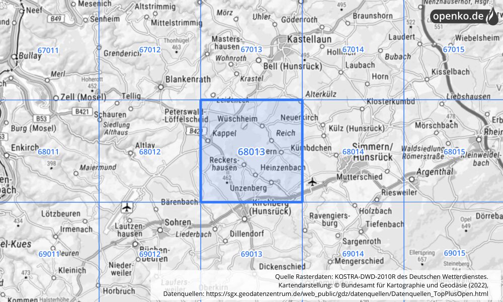 Übersichtskarte KOSTRA-DWD-2010R Rasterfeld Nr. 68013 mit angrenzenden Feldern