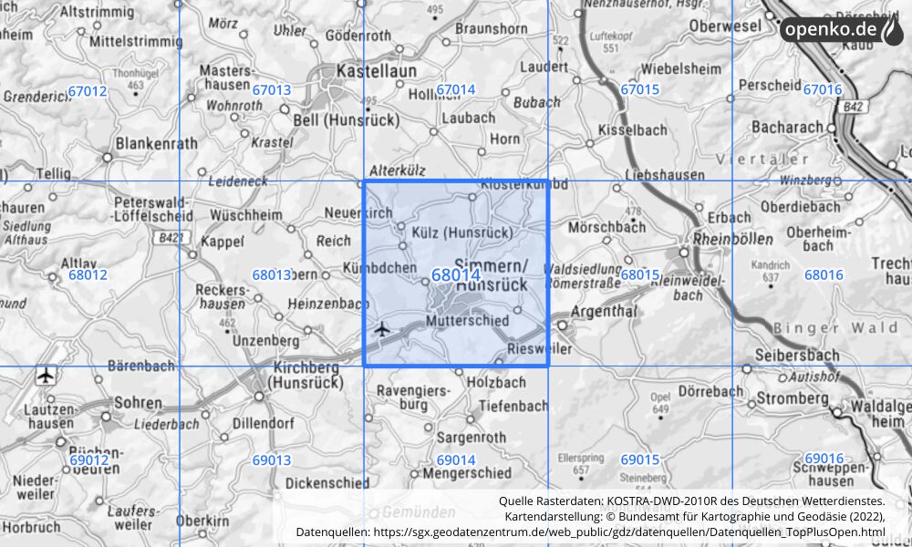 Übersichtskarte KOSTRA-DWD-2010R Rasterfeld Nr. 68014 mit angrenzenden Feldern