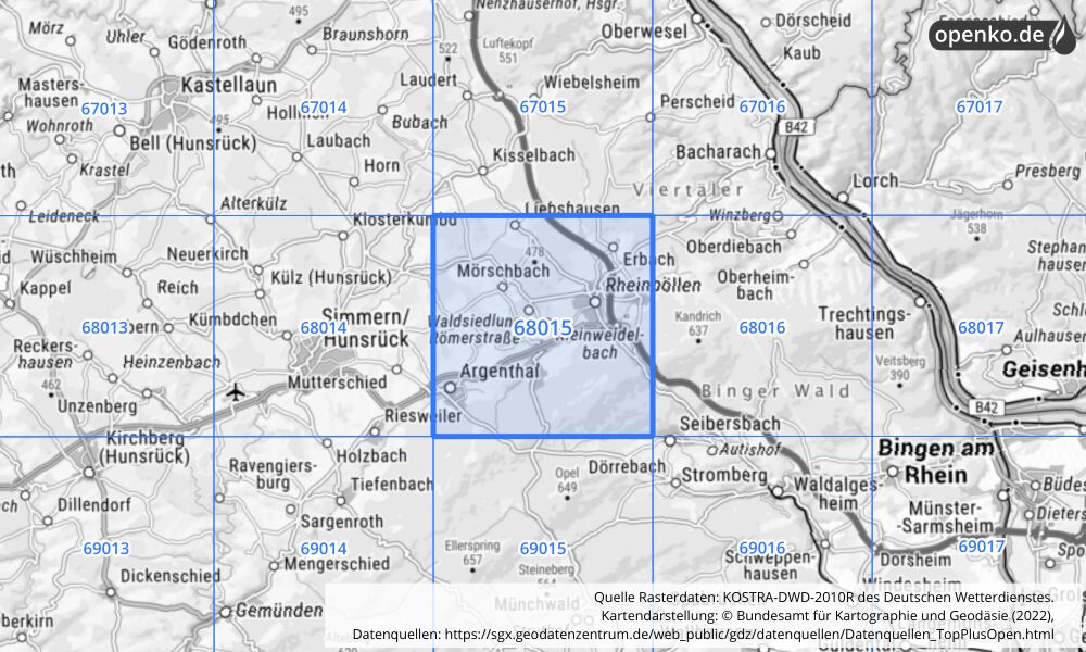 Übersichtskarte KOSTRA-DWD-2010R Rasterfeld Nr. 68015 mit angrenzenden Feldern