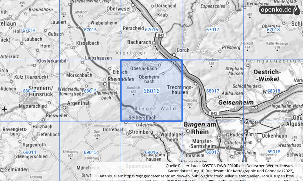 Übersichtskarte KOSTRA-DWD-2010R Rasterfeld Nr. 68016 mit angrenzenden Feldern