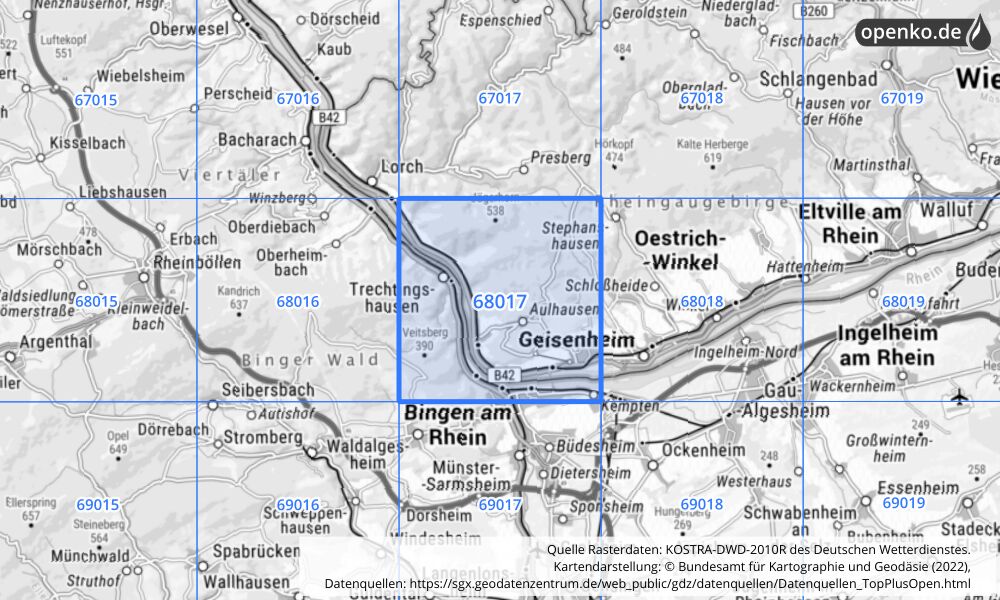 Übersichtskarte KOSTRA-DWD-2010R Rasterfeld Nr. 68017 mit angrenzenden Feldern