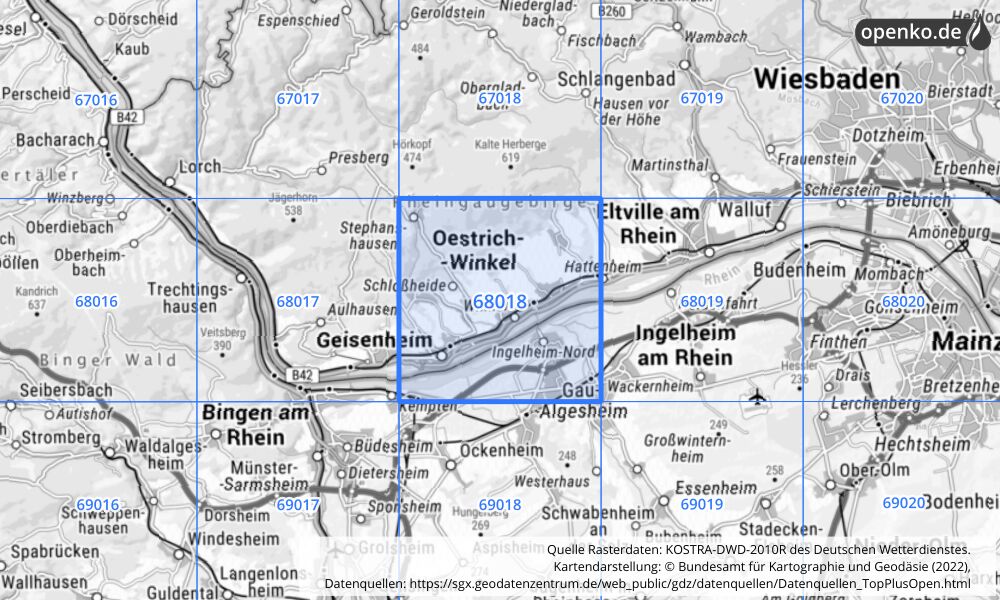 Übersichtskarte KOSTRA-DWD-2010R Rasterfeld Nr. 68018 mit angrenzenden Feldern