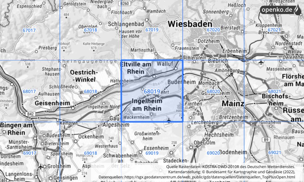 Übersichtskarte KOSTRA-DWD-2010R Rasterfeld Nr. 68019 mit angrenzenden Feldern