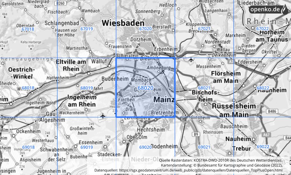 Übersichtskarte KOSTRA-DWD-2010R Rasterfeld Nr. 68020 mit angrenzenden Feldern