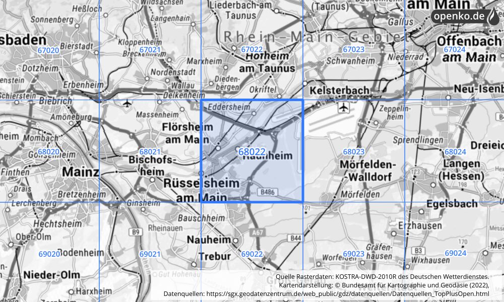 Übersichtskarte KOSTRA-DWD-2010R Rasterfeld Nr. 68022 mit angrenzenden Feldern