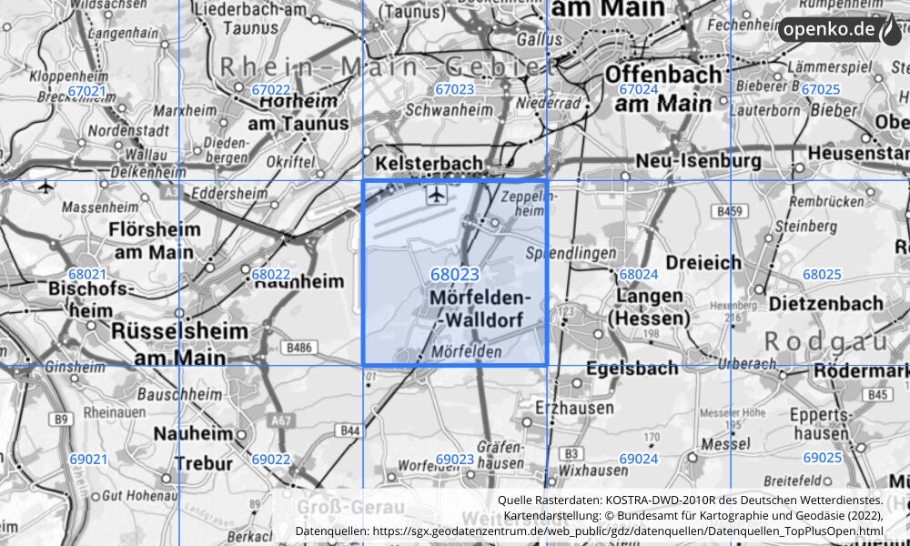 Übersichtskarte KOSTRA-DWD-2010R Rasterfeld Nr. 68023 mit angrenzenden Feldern