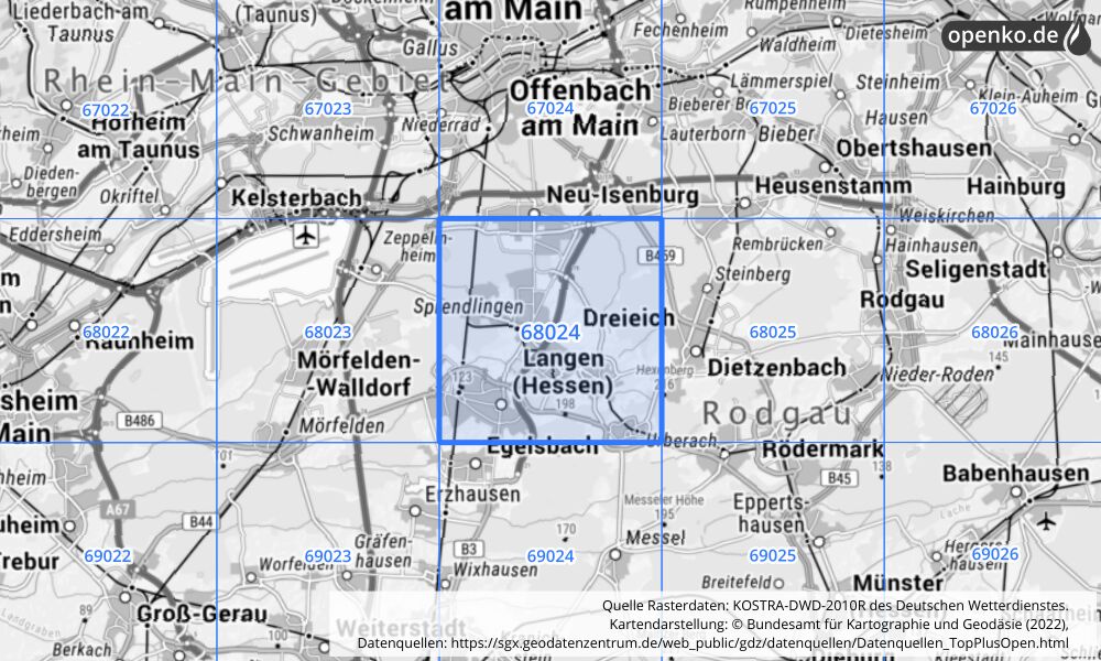 Übersichtskarte KOSTRA-DWD-2010R Rasterfeld Nr. 68024 mit angrenzenden Feldern