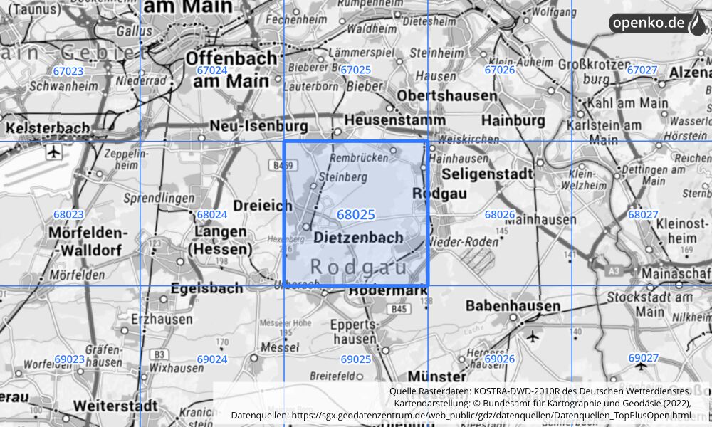 Übersichtskarte KOSTRA-DWD-2010R Rasterfeld Nr. 68025 mit angrenzenden Feldern