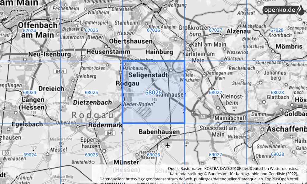 Übersichtskarte KOSTRA-DWD-2010R Rasterfeld Nr. 68026 mit angrenzenden Feldern