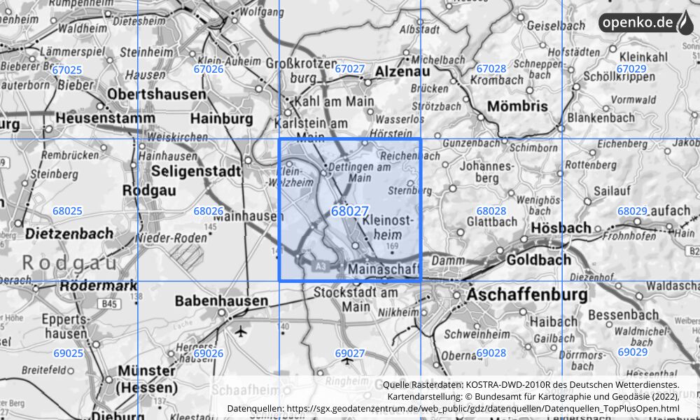 Übersichtskarte KOSTRA-DWD-2010R Rasterfeld Nr. 68027 mit angrenzenden Feldern