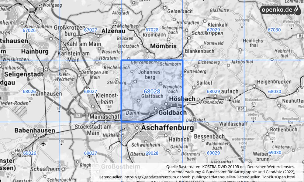 Übersichtskarte KOSTRA-DWD-2010R Rasterfeld Nr. 68028 mit angrenzenden Feldern