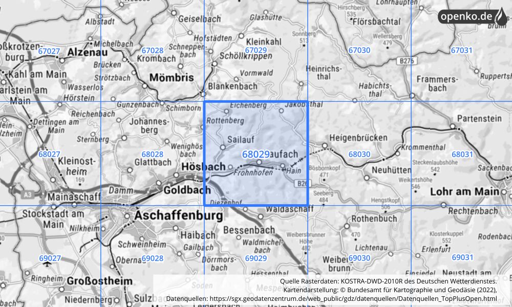 Übersichtskarte KOSTRA-DWD-2010R Rasterfeld Nr. 68029 mit angrenzenden Feldern