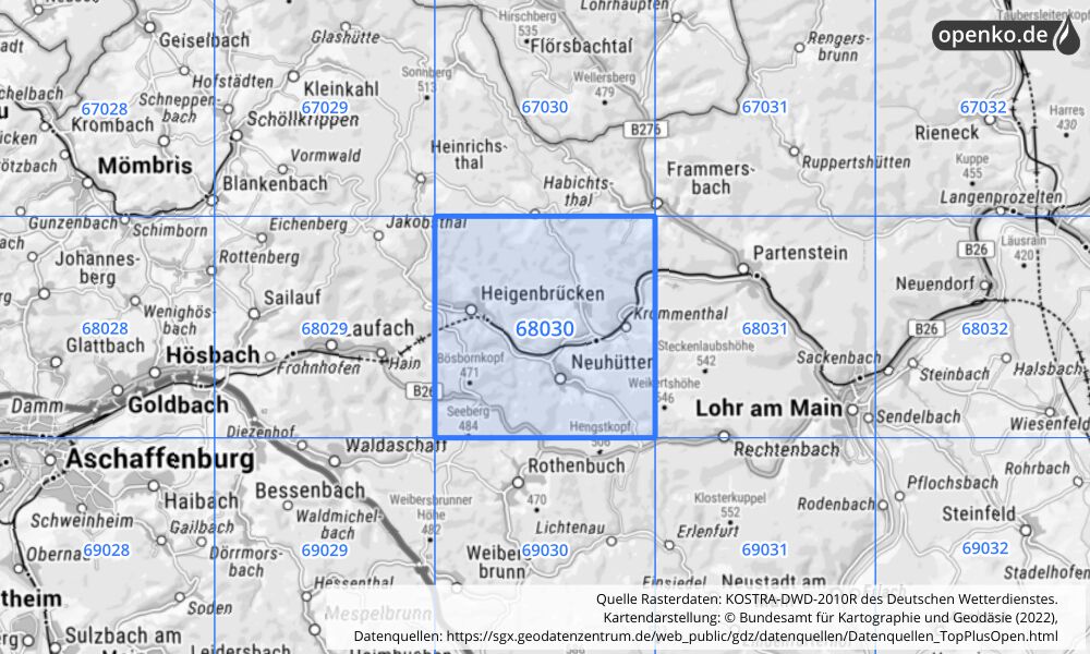 Übersichtskarte KOSTRA-DWD-2010R Rasterfeld Nr. 68030 mit angrenzenden Feldern