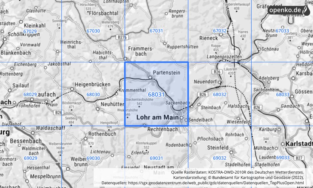 Übersichtskarte KOSTRA-DWD-2010R Rasterfeld Nr. 68031 mit angrenzenden Feldern