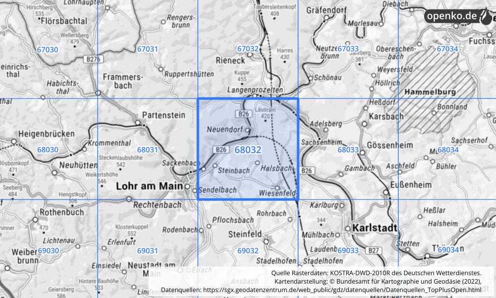 Übersichtskarte KOSTRA-DWD-2010R Rasterfeld Nr. 68032 mit angrenzenden Feldern