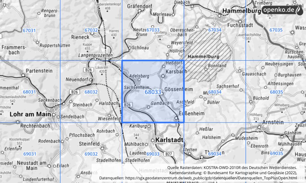 Übersichtskarte KOSTRA-DWD-2010R Rasterfeld Nr. 68033 mit angrenzenden Feldern