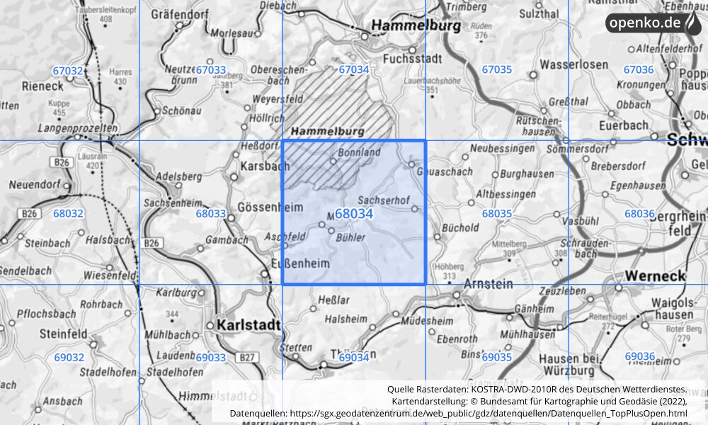 Übersichtskarte KOSTRA-DWD-2010R Rasterfeld Nr. 68034 mit angrenzenden Feldern