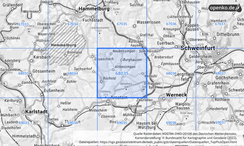 Übersichtskarte KOSTRA-DWD-2010R Rasterfeld Nr. 68035 mit angrenzenden Feldern