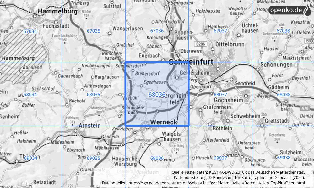 Übersichtskarte KOSTRA-DWD-2010R Rasterfeld Nr. 68036 mit angrenzenden Feldern