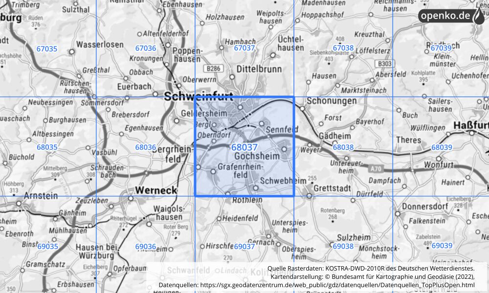 Übersichtskarte KOSTRA-DWD-2010R Rasterfeld Nr. 68037 mit angrenzenden Feldern