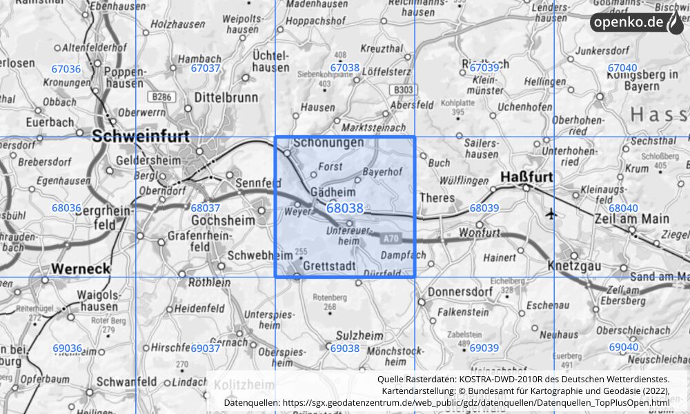 Übersichtskarte KOSTRA-DWD-2010R Rasterfeld Nr. 68038 mit angrenzenden Feldern