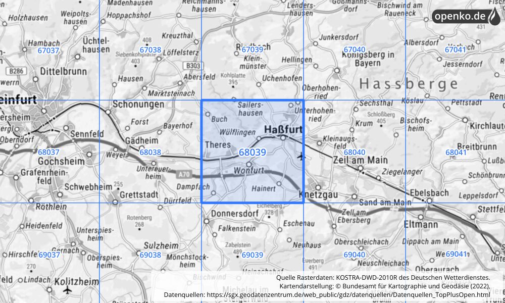 Übersichtskarte KOSTRA-DWD-2010R Rasterfeld Nr. 68039 mit angrenzenden Feldern