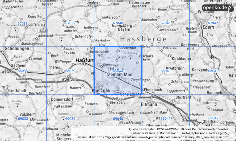 Übersichtskarte KOSTRA-DWD-2010R Rasterfeld Nr. 68040 mit angrenzenden Feldern