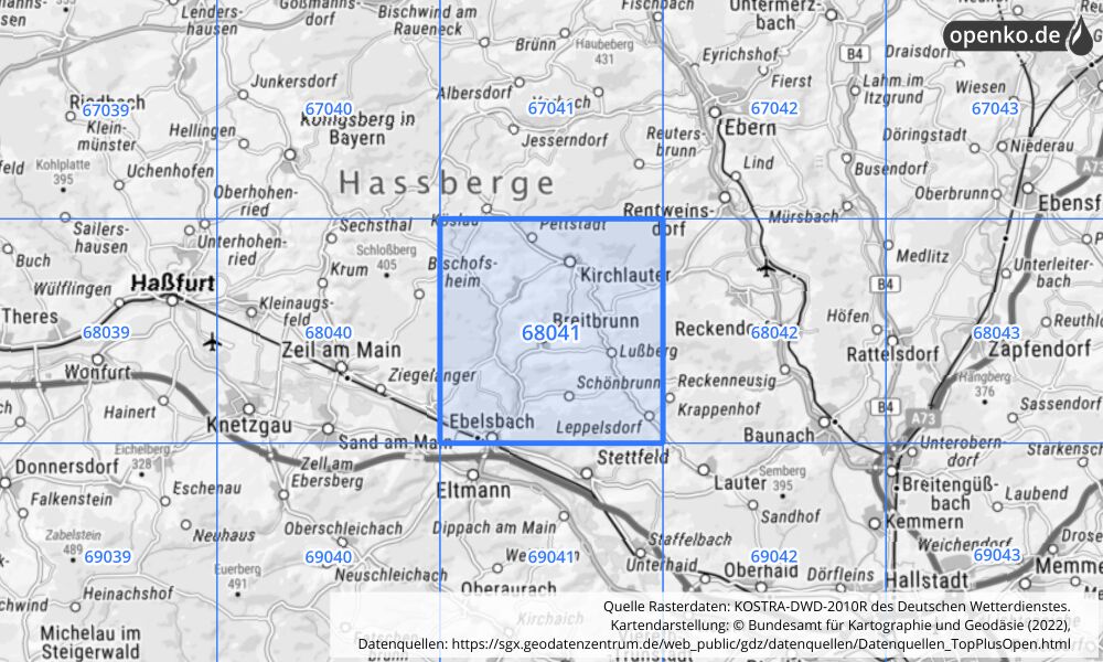 Übersichtskarte KOSTRA-DWD-2010R Rasterfeld Nr. 68041 mit angrenzenden Feldern