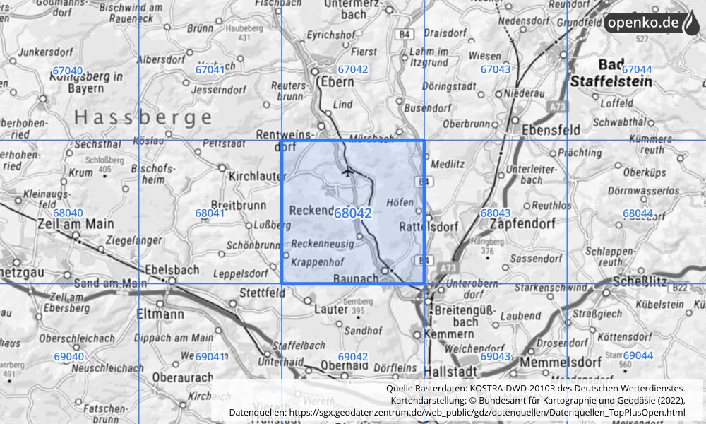 Übersichtskarte KOSTRA-DWD-2010R Rasterfeld Nr. 68042 mit angrenzenden Feldern