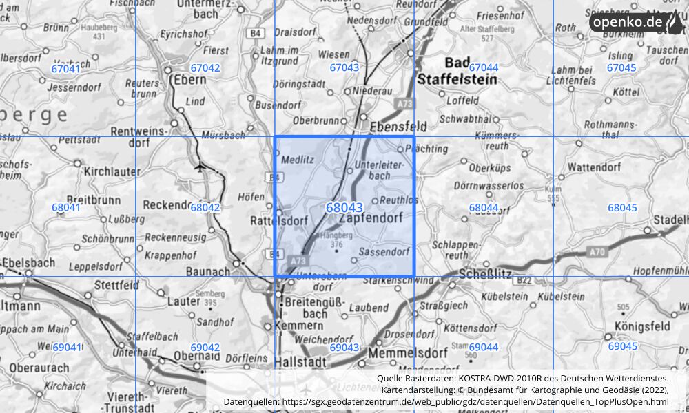 Übersichtskarte KOSTRA-DWD-2010R Rasterfeld Nr. 68043 mit angrenzenden Feldern