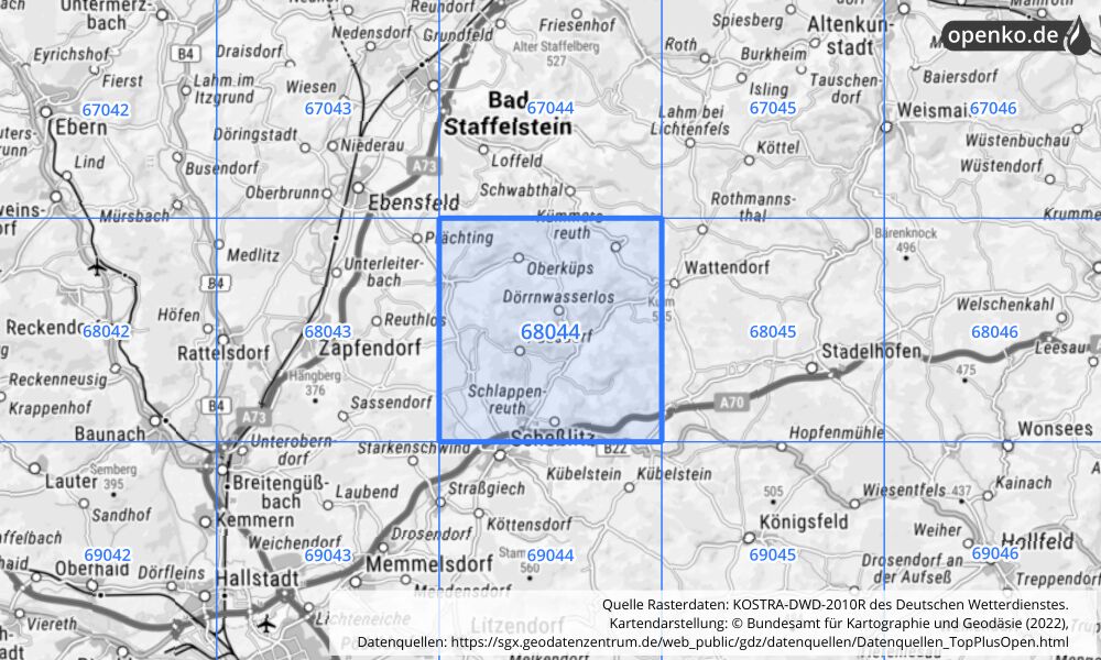 Übersichtskarte KOSTRA-DWD-2010R Rasterfeld Nr. 68044 mit angrenzenden Feldern