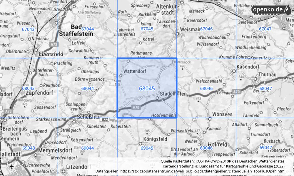 Übersichtskarte KOSTRA-DWD-2010R Rasterfeld Nr. 68045 mit angrenzenden Feldern