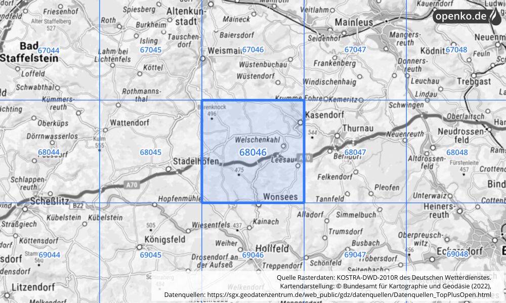 Übersichtskarte KOSTRA-DWD-2010R Rasterfeld Nr. 68046 mit angrenzenden Feldern