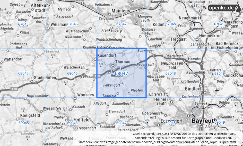 Übersichtskarte KOSTRA-DWD-2010R Rasterfeld Nr. 68047 mit angrenzenden Feldern