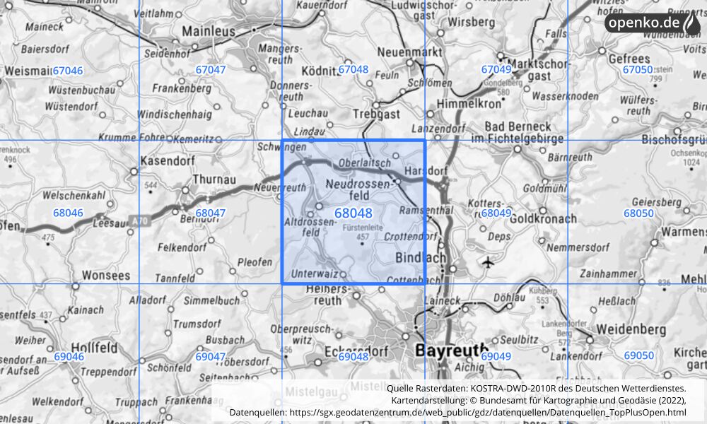 Übersichtskarte KOSTRA-DWD-2010R Rasterfeld Nr. 68048 mit angrenzenden Feldern