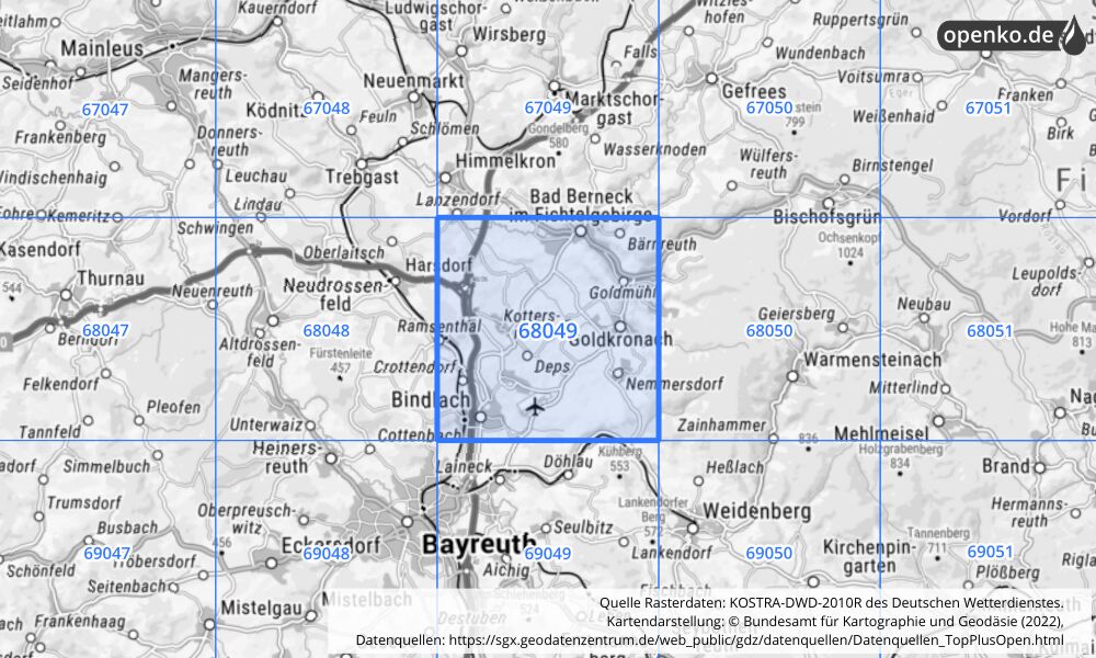 Übersichtskarte KOSTRA-DWD-2010R Rasterfeld Nr. 68049 mit angrenzenden Feldern