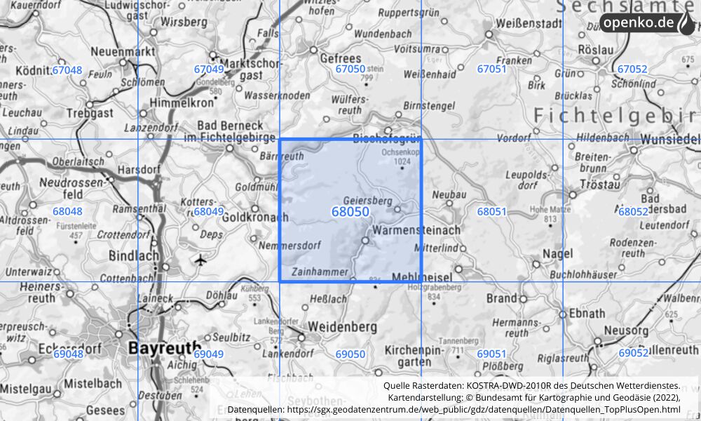 Übersichtskarte KOSTRA-DWD-2010R Rasterfeld Nr. 68050 mit angrenzenden Feldern