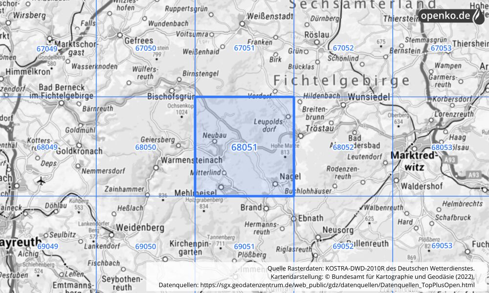 Übersichtskarte KOSTRA-DWD-2010R Rasterfeld Nr. 68051 mit angrenzenden Feldern