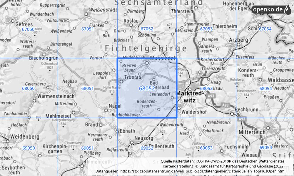 Übersichtskarte KOSTRA-DWD-2010R Rasterfeld Nr. 68052 mit angrenzenden Feldern