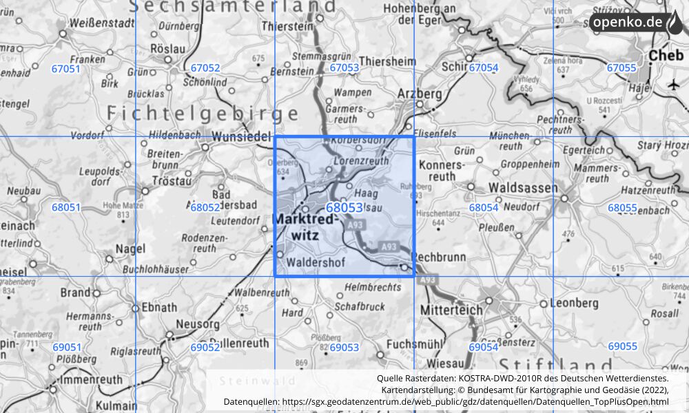 Übersichtskarte KOSTRA-DWD-2010R Rasterfeld Nr. 68053 mit angrenzenden Feldern