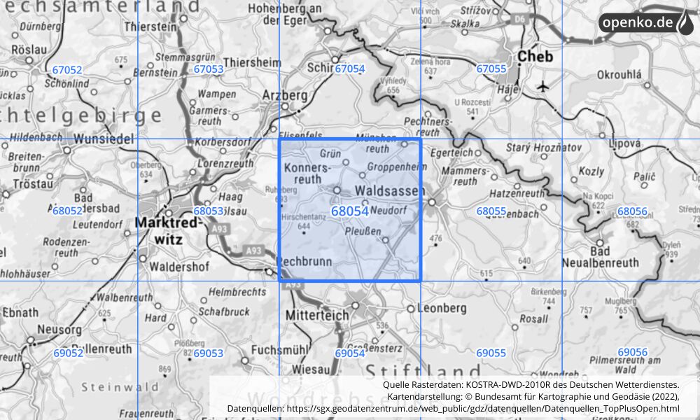 Übersichtskarte KOSTRA-DWD-2010R Rasterfeld Nr. 68054 mit angrenzenden Feldern